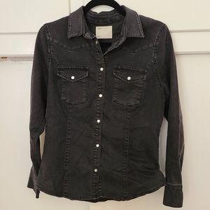 ASOS Women's Western Denim Pearl Snap Black Longe Sleeve Shirt